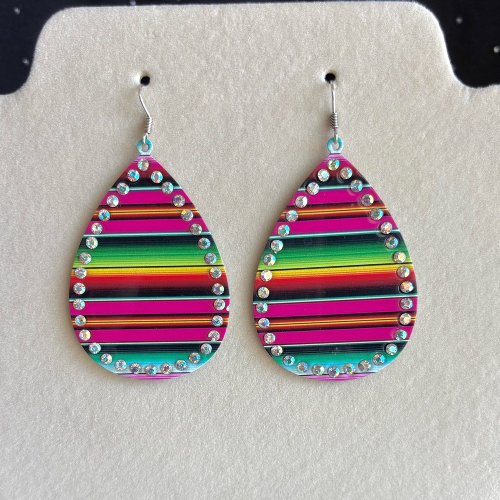 Colorful Striped Teardrop Earrings with Iridescent Rhinestone Accents